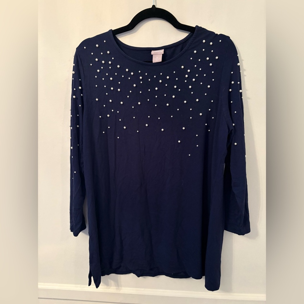 Chico’s Women’s Blue Pearl Accented Sweater-Sz 3 ( XL-16) Beautiful